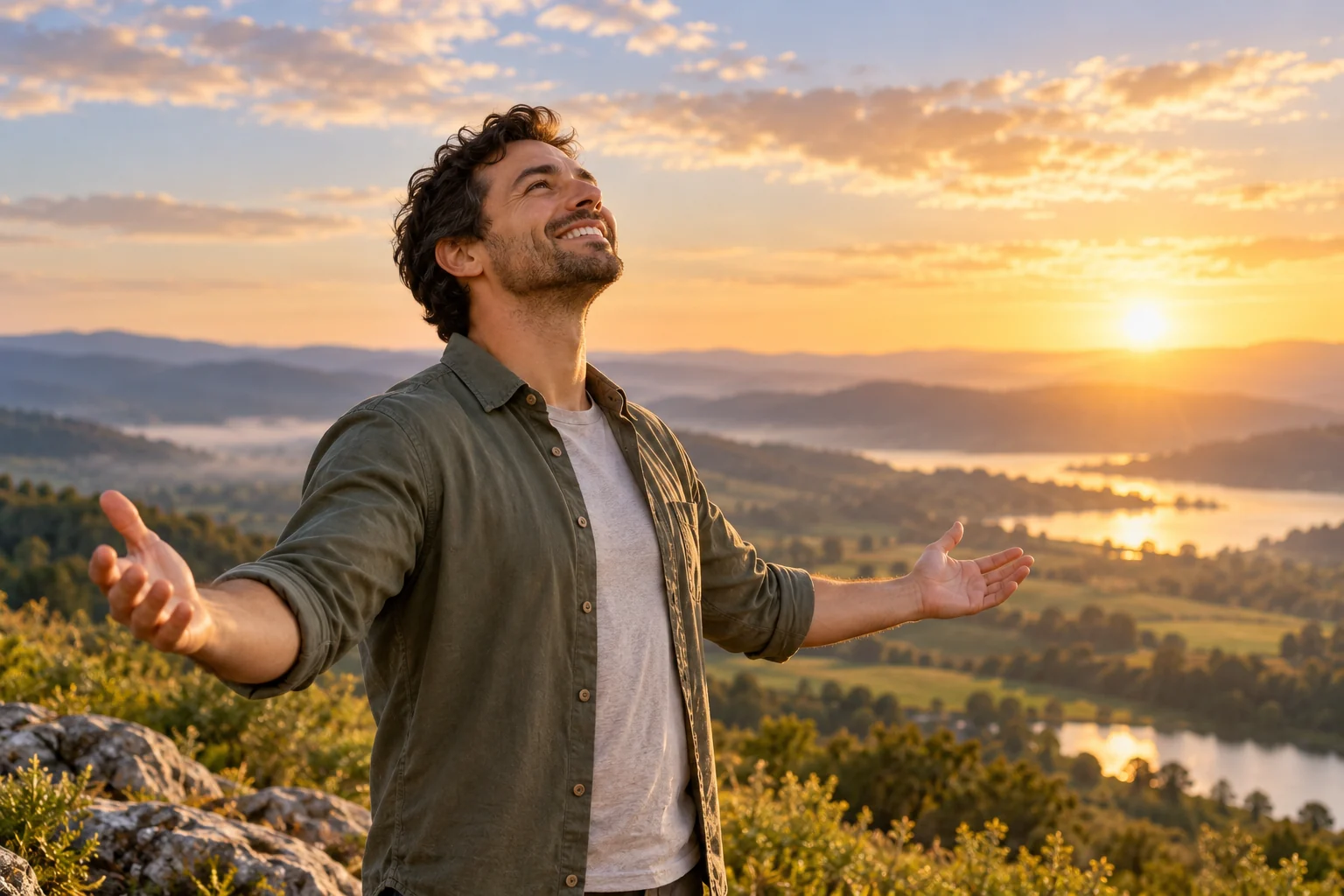 KI-generierte Illustration: Ein lächelnder Mann mit offenen Armen blickt in einer Landschaft im Morgenlicht zum Himmel und symbolisiert Vertrauen auf Gott.
